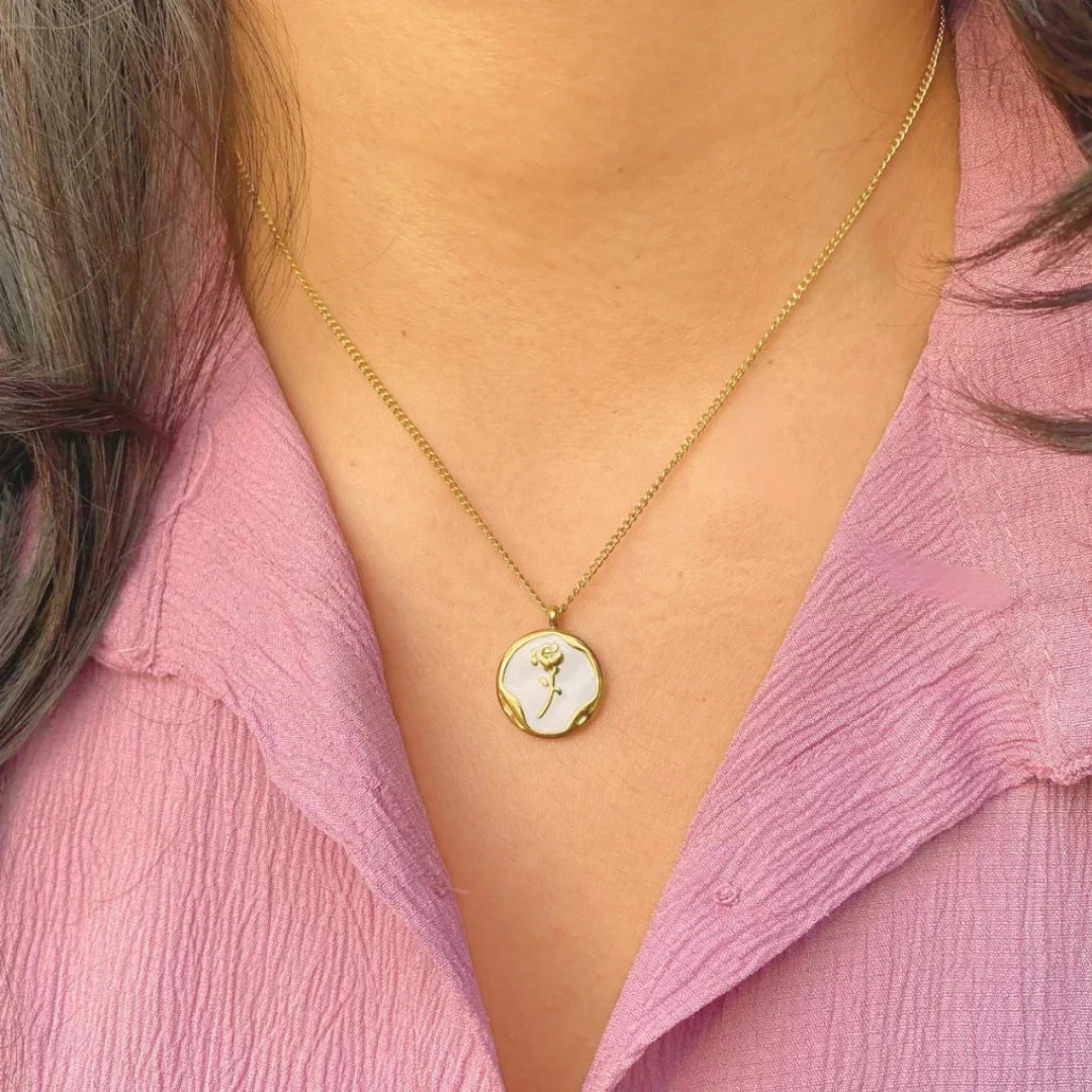 White Enamel Rose Flower Round Pendant Stainless Steel 18k Gold Plated buy 1 get 1 free