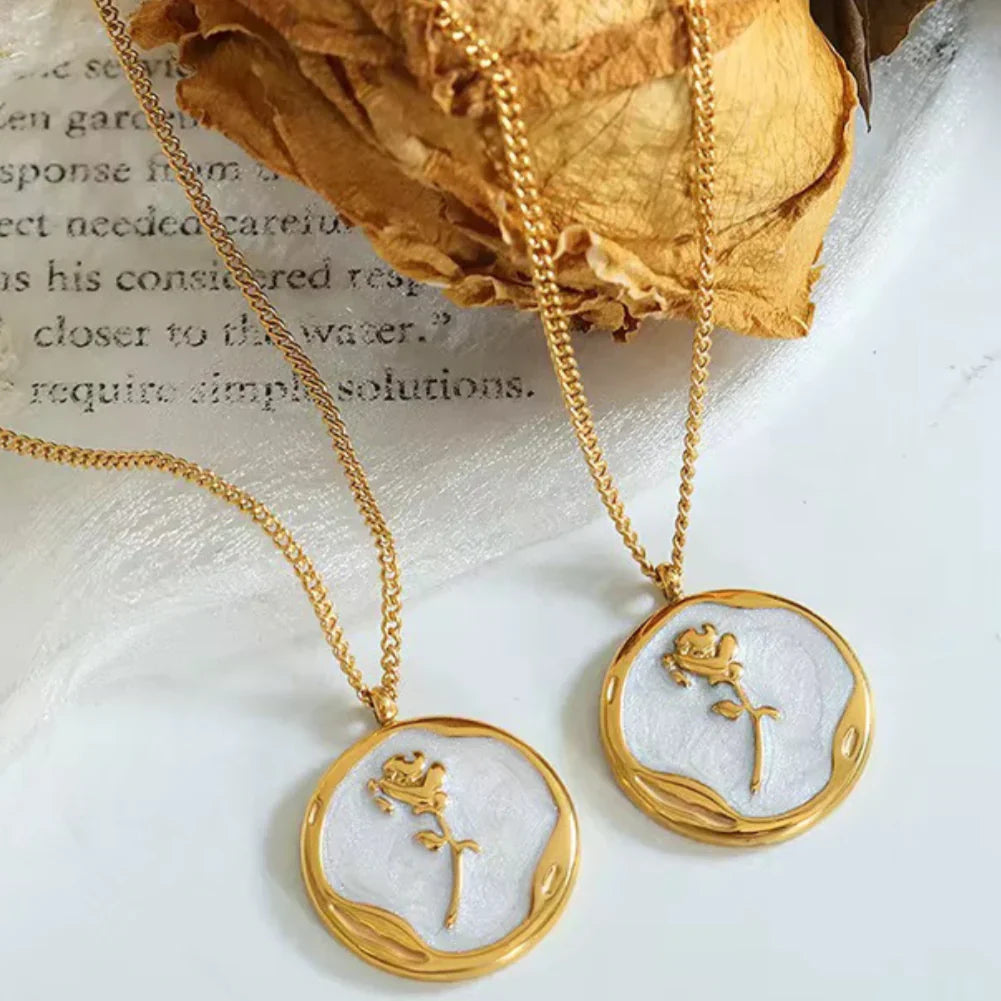 White Enamel Rose Flower Round Pendant Stainless Steel 18k Gold Plated buy 1 get 1 free
