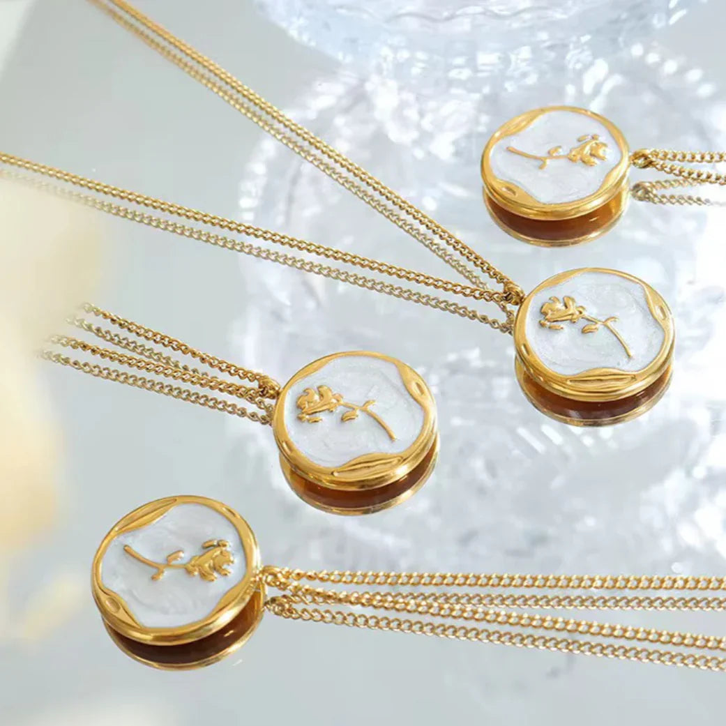 White Enamel Rose Flower Round Pendant Stainless Steel 18k Gold Plated buy 1 get 1 free